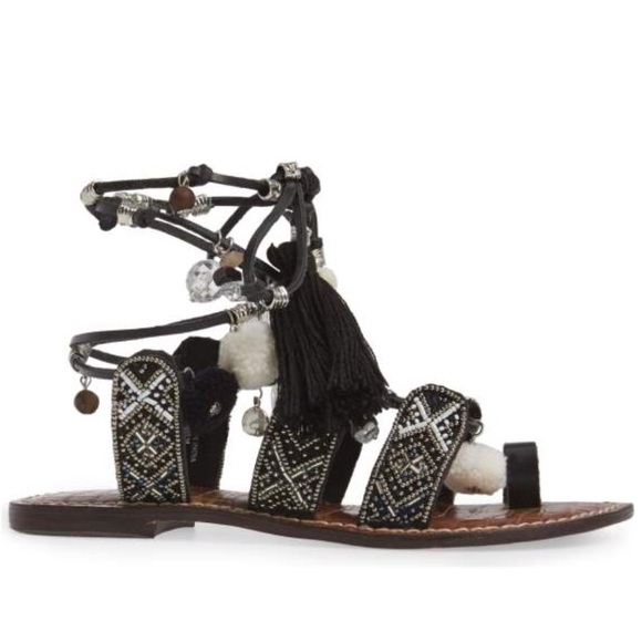 Black/Silver Pom Pom Boho Lace Up Gladiator Sandal - Picture 6 of 6