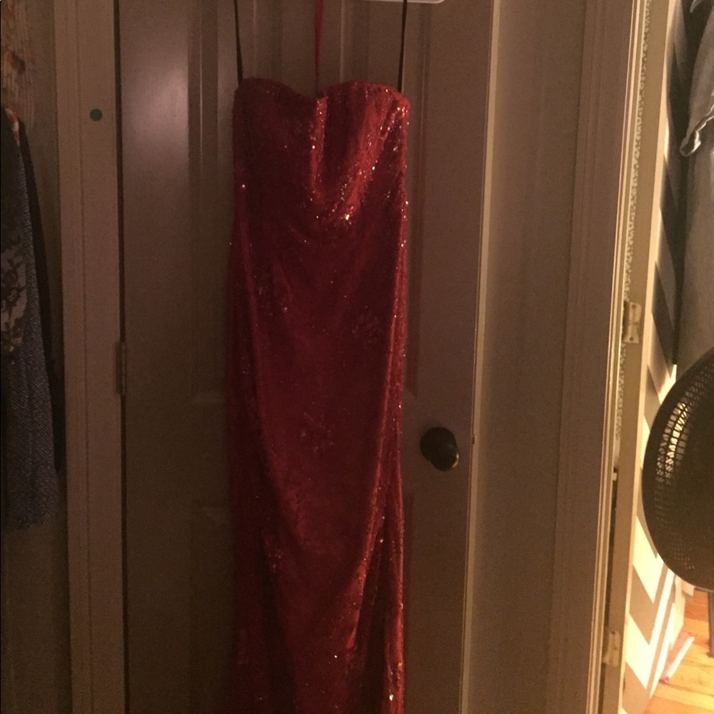 Red beaded evening gown