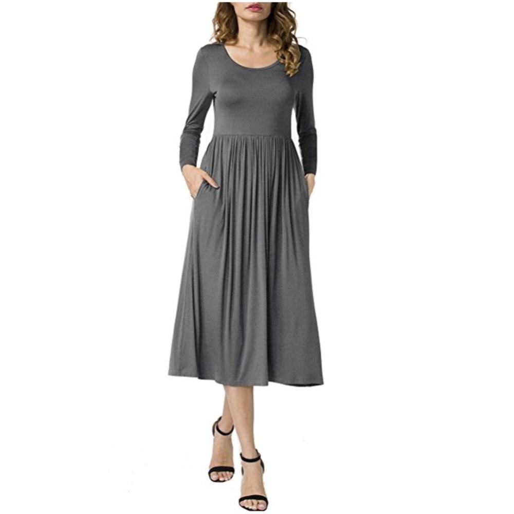 A-line Long Sleeve Midi Dress - Grey