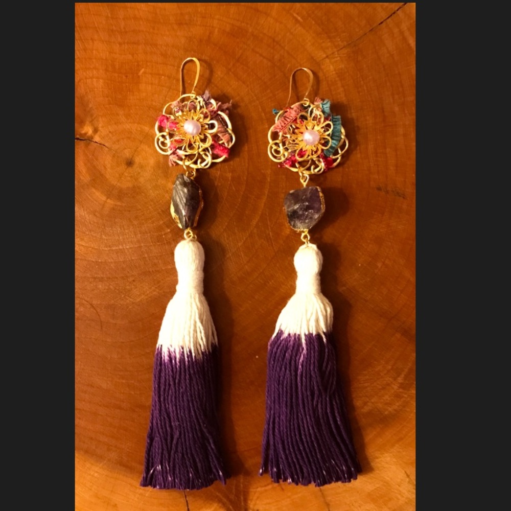 Maharani Earrings - Amethyst Gemstone, Tassels