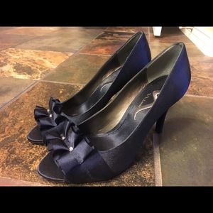 Nina Navy Satin Peep Toe Pumps