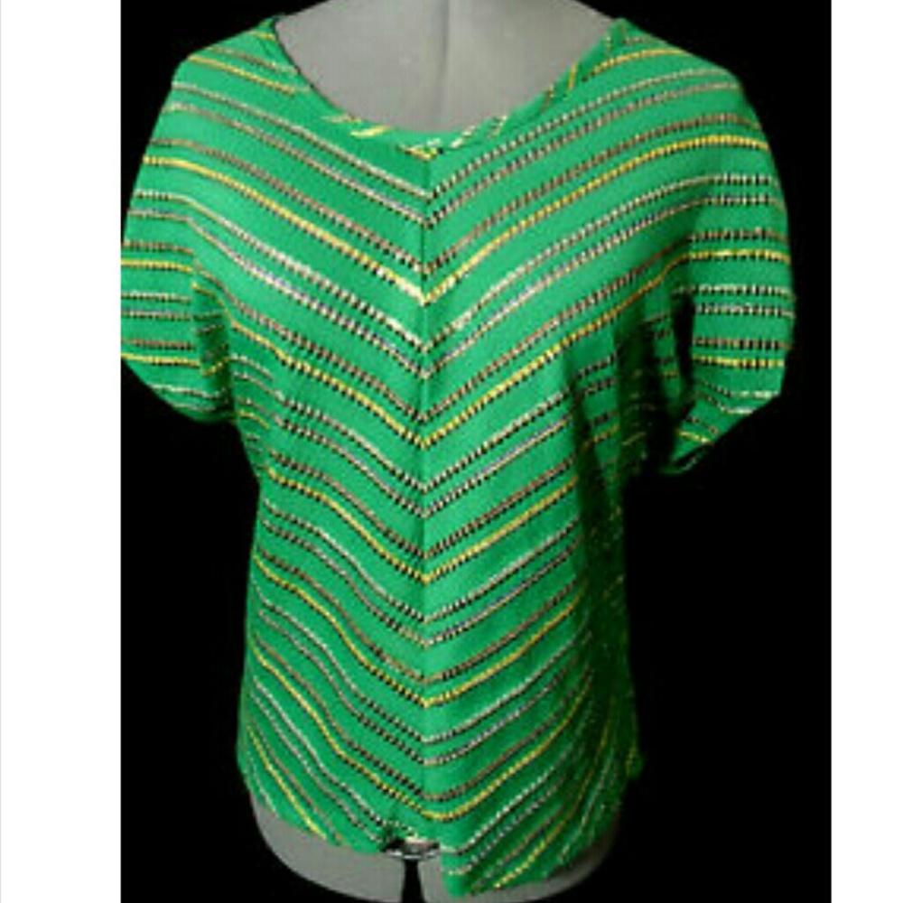 New MANITO Eyelet T-Shirt SML Green Metallic Boho Scoop neck short dolman sleeve