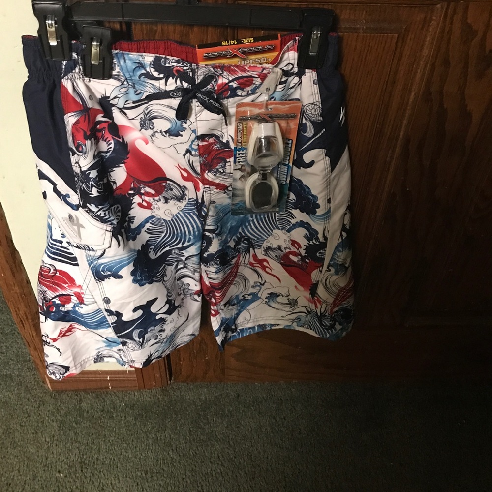 2 pair Boys 14/16 swim shorts with goggles (new).