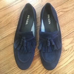 Prada navy suede tassel loafers
