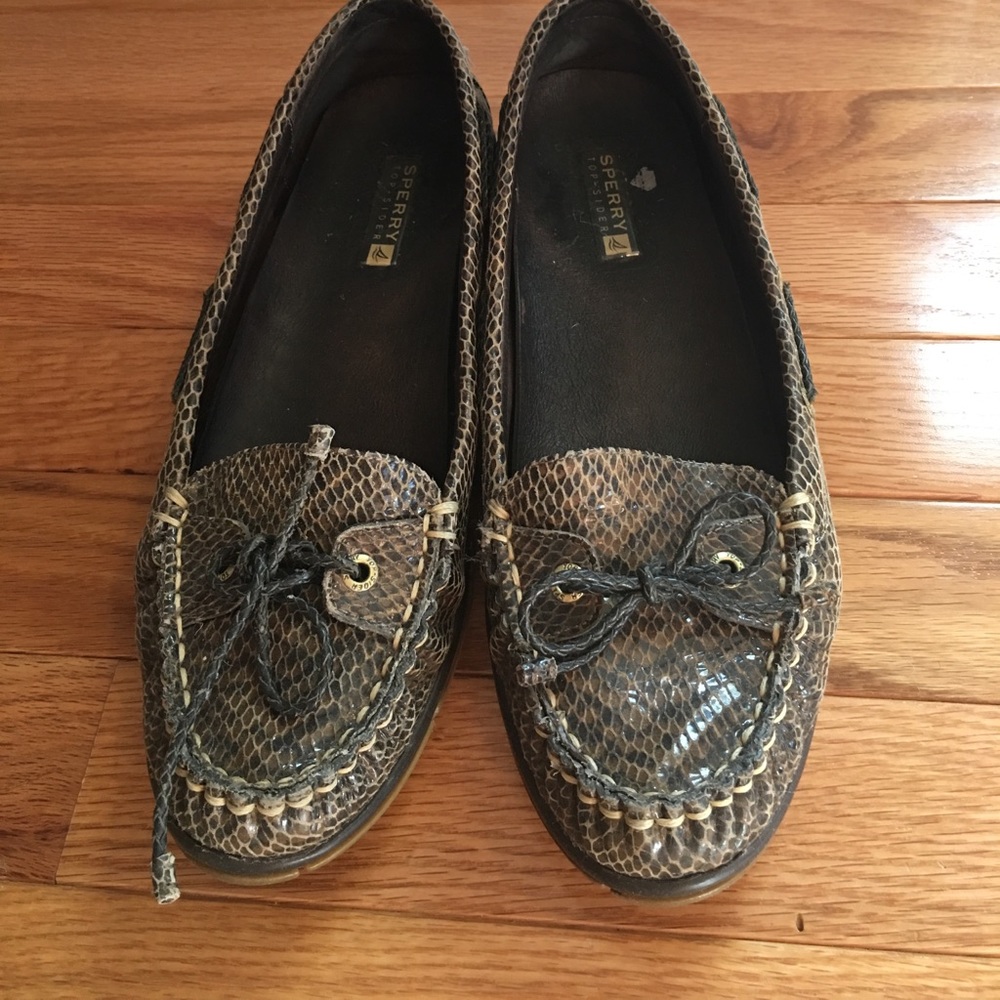Sperry dark green faux snake skin boat shoes