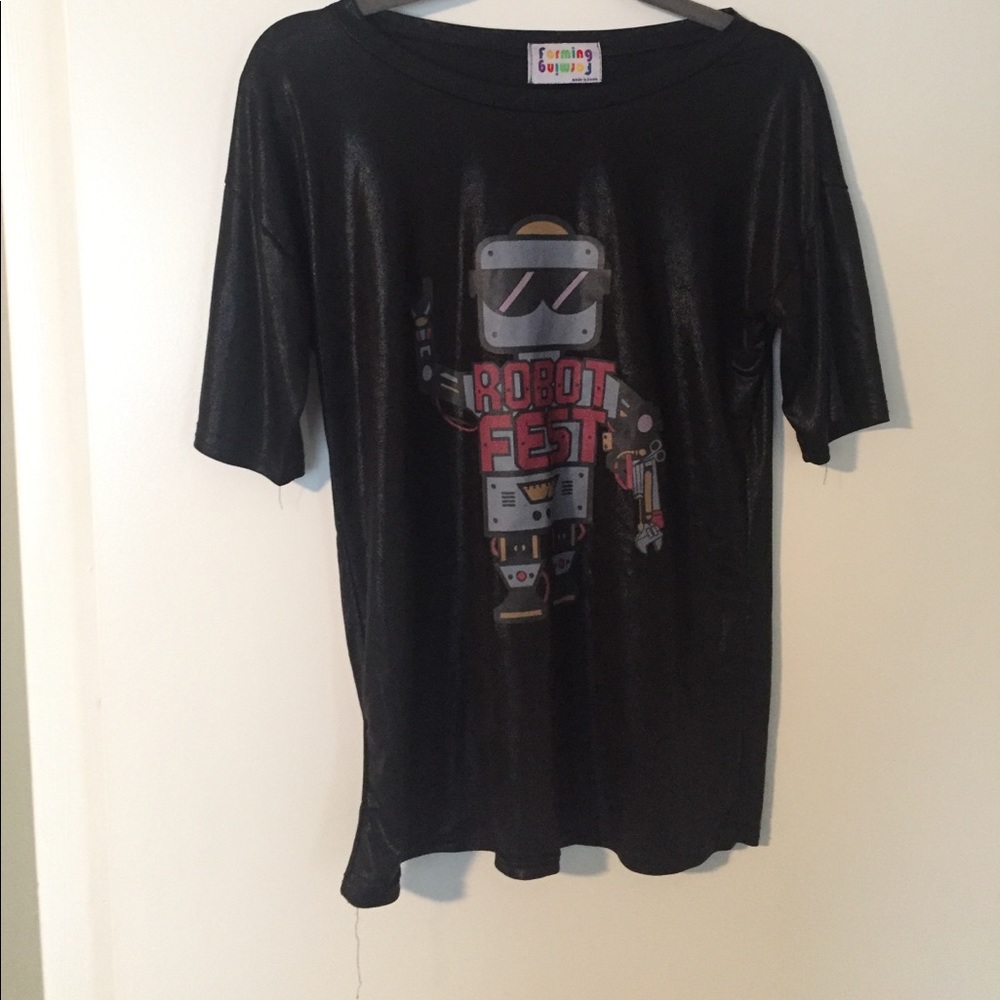 Black Shiny Graphic Tee with robot graphic.