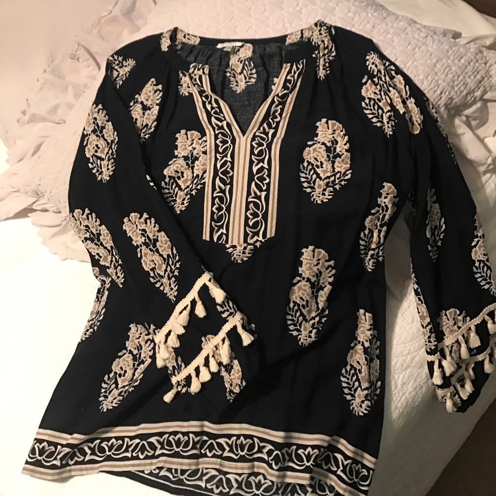 Navy and tan tassel blouse