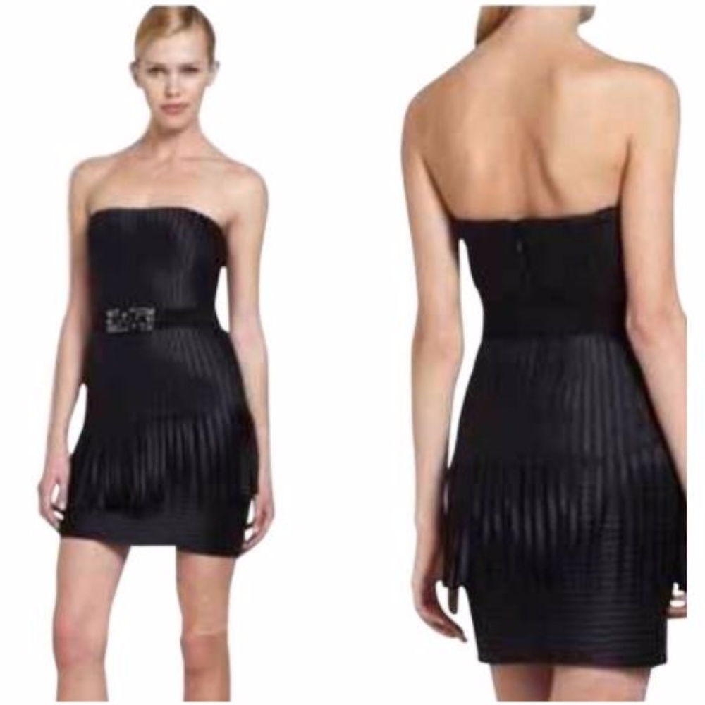 BCBG Navy & Black Strapless Fringe Cocktail Dress