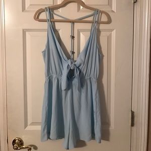 light blue tie front romper