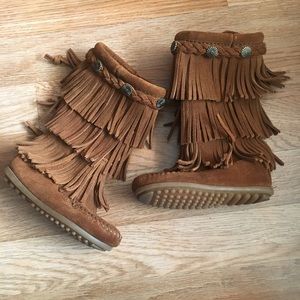Minnetonka tall fringe moccasin boots
