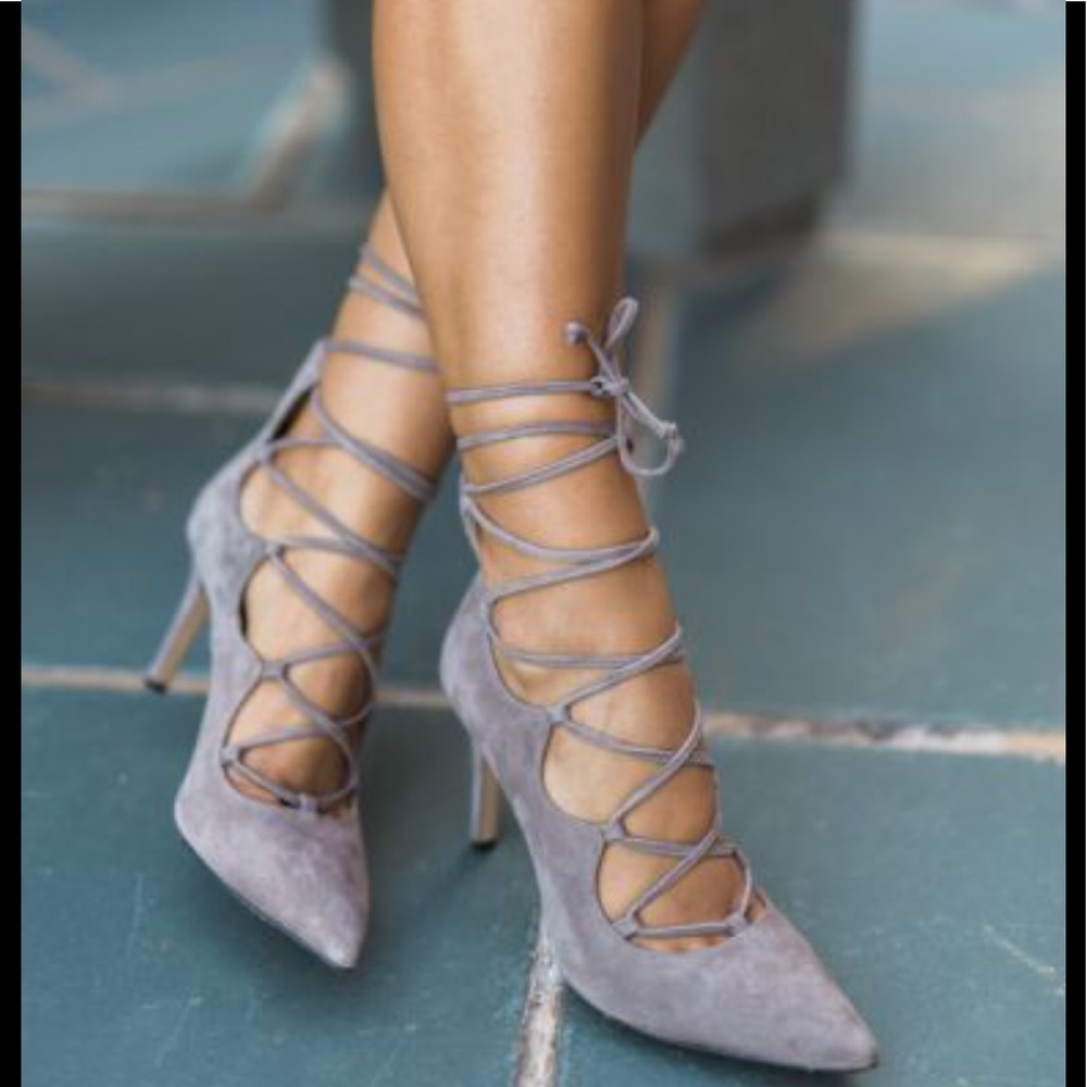 New Vince Camuto Criss Cross Gray pointy toe heel