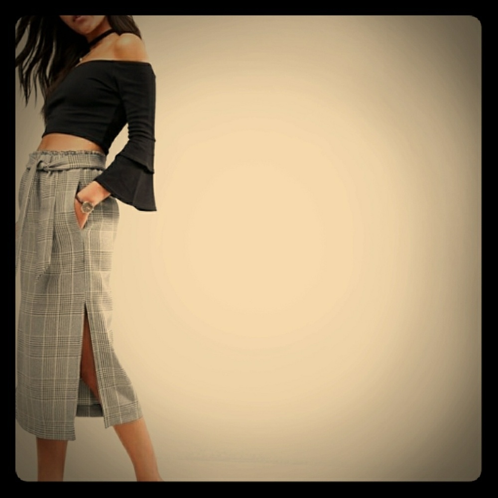 Asos check print paperbag waist midi skirt w slit