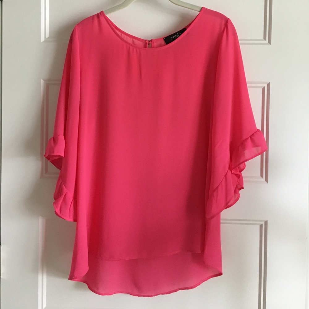 Pink ruffle flutter sleeve blouse