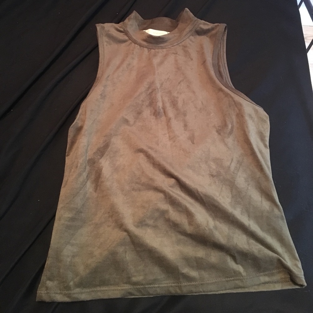 Olive green or black, high neck, no sleeves top