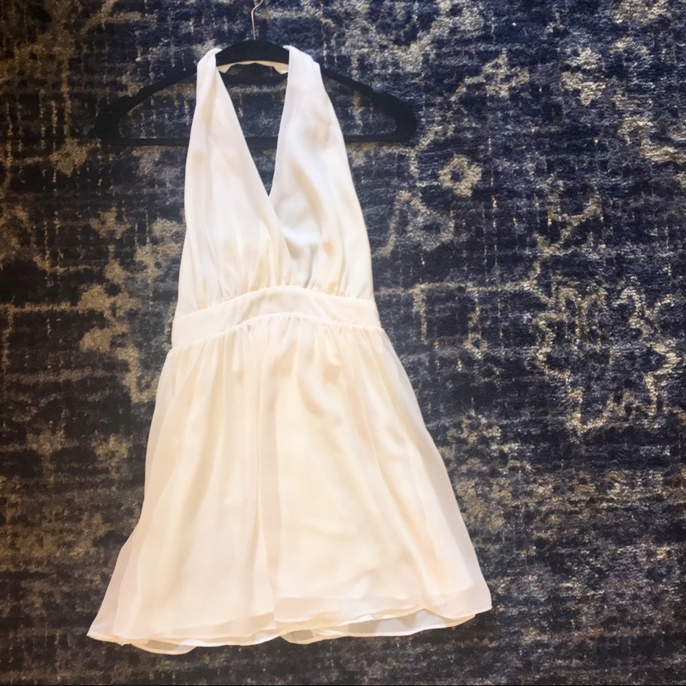 White Halter Deep V Flowy Simple Mini Dress XS revolve