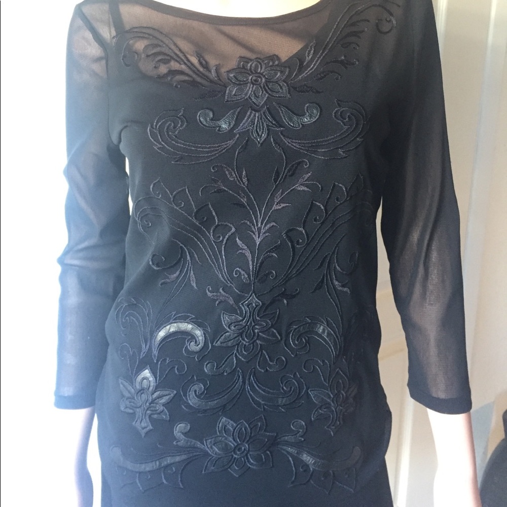 Embroidered with vegan leather black blouse