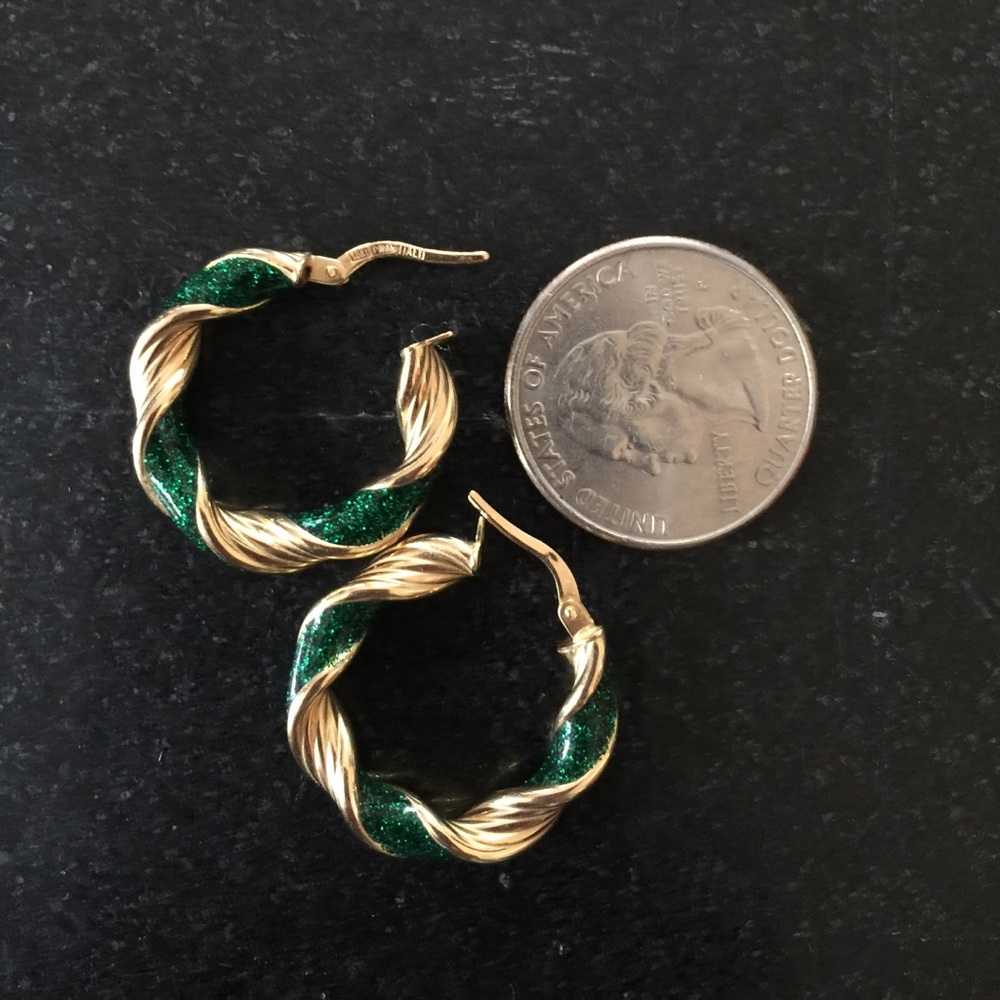 18k Yellow Gold Green Enamel Hoop Swirl Earrings