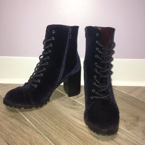 Navy Blue Velvet Lace Up Ankle Booties w/ Zipper