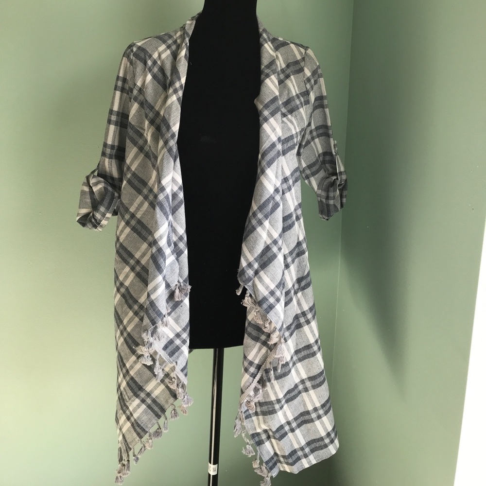 Women Hipster Plaid Open Front Drape Cardigan