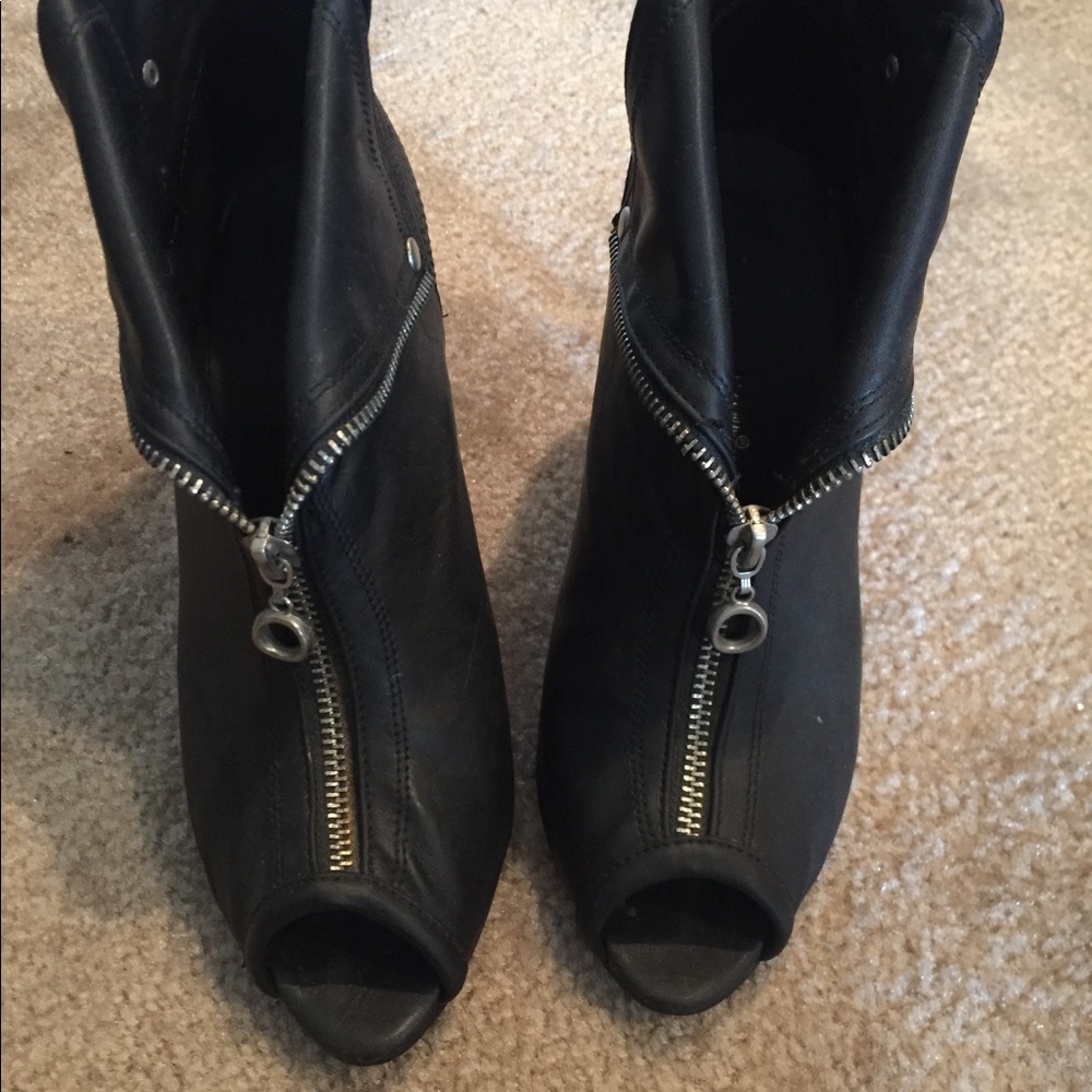 Black leather open toe booties