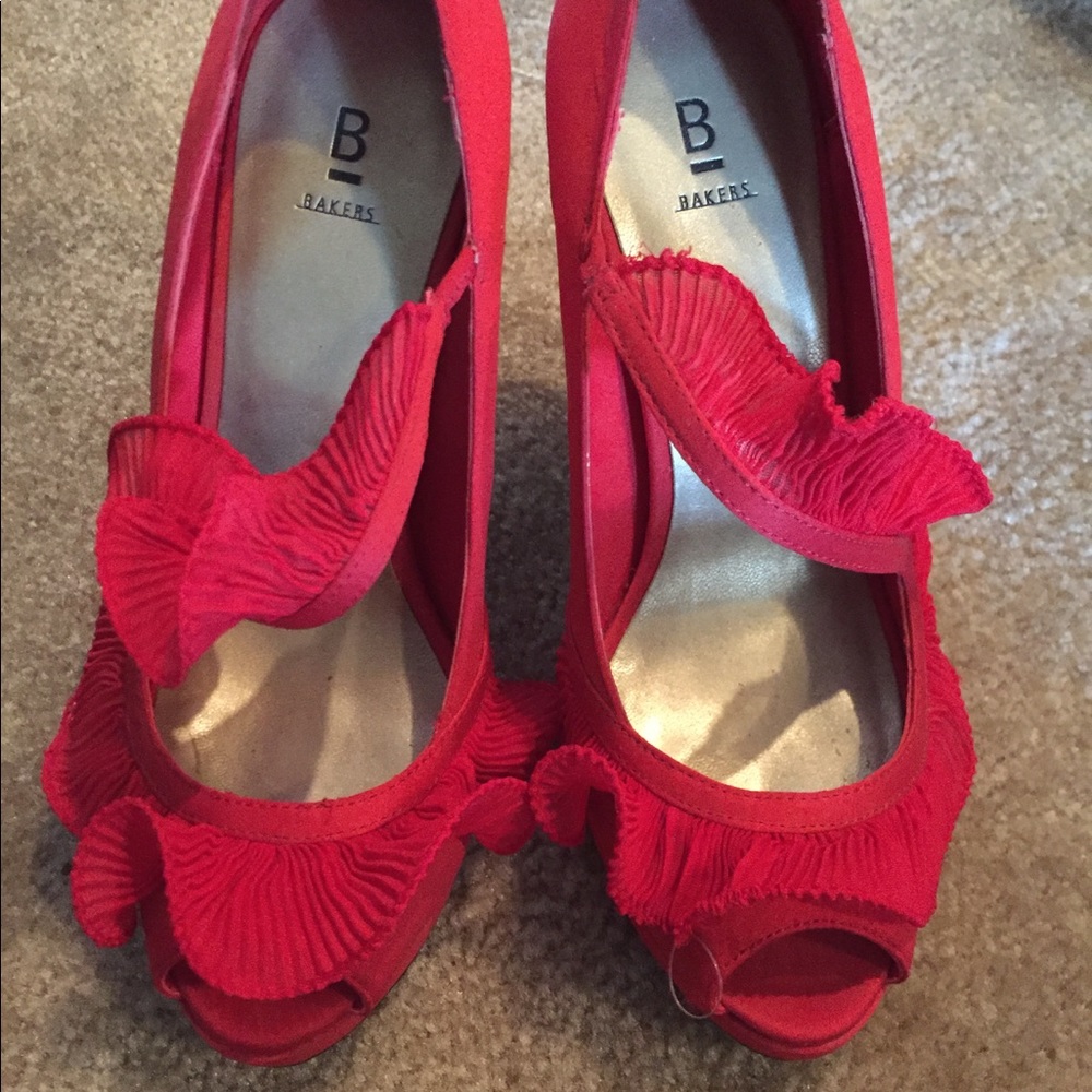 Red satin platform heels with lace