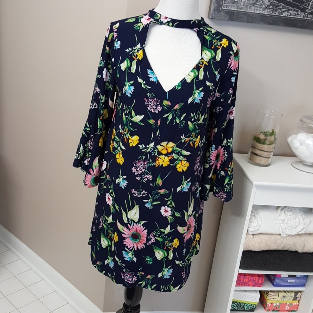 Blue floral choker neckline dress