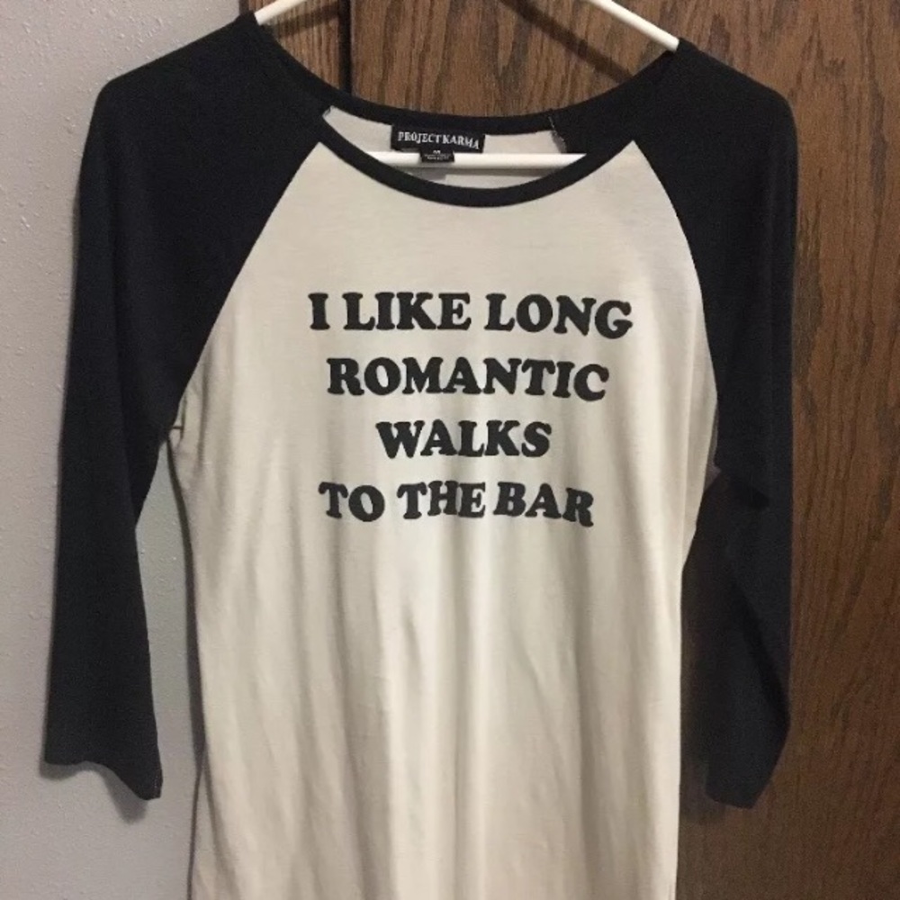 Baseball style fun tee, “Long Romantic Walks” Med