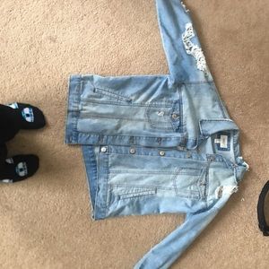 distressed light washed denim jacket