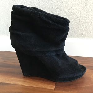 Black, suede leather, wedge heel, open toe booties