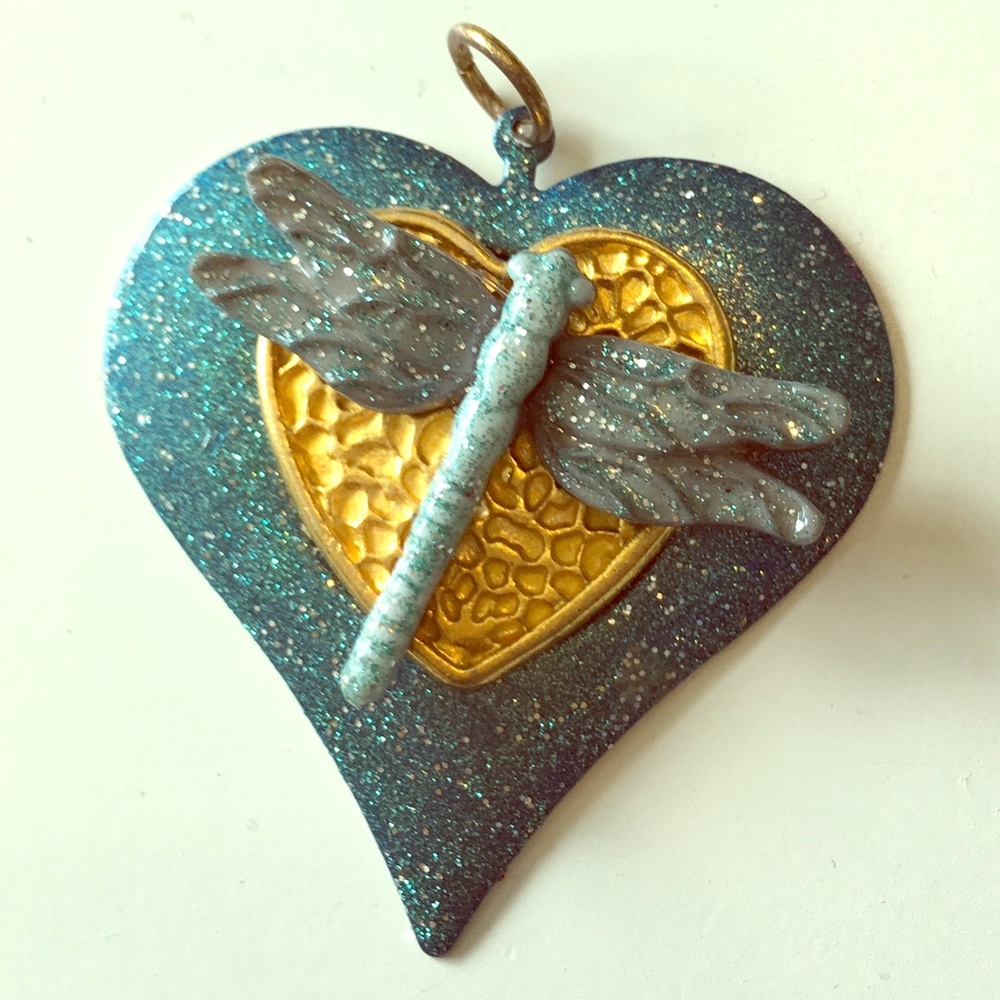 Vintage HandCrafted Heart Dragonfly Pendant Teal