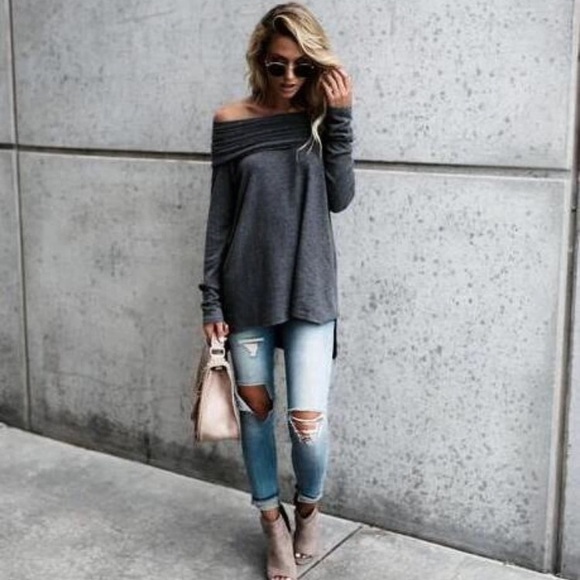 Tops - New Gray Off the Shoulder Top Sz S