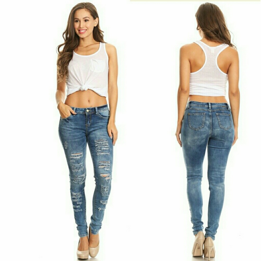 Medium blue Distressed destroyed skinny jeans