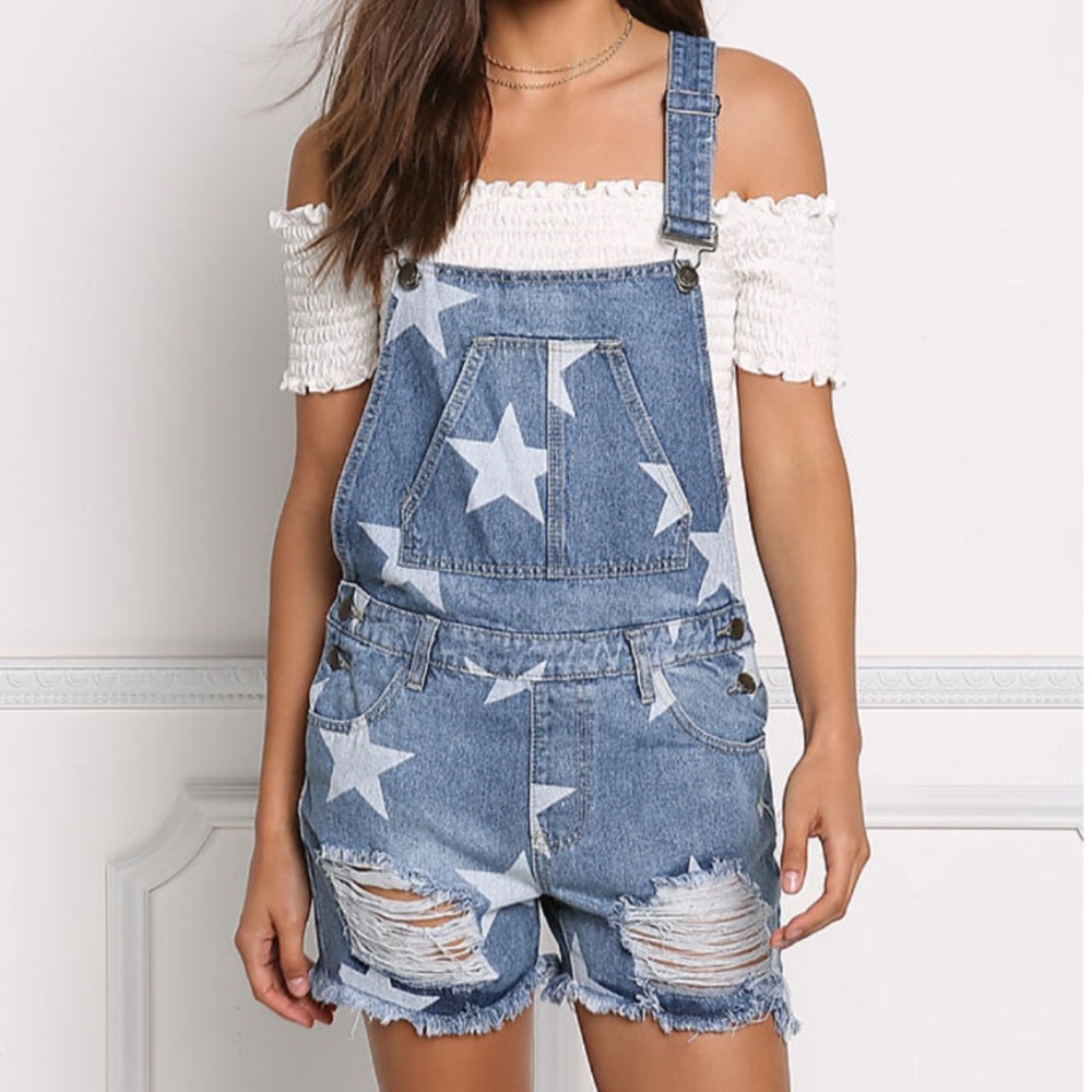 denim distressed star print overalls
