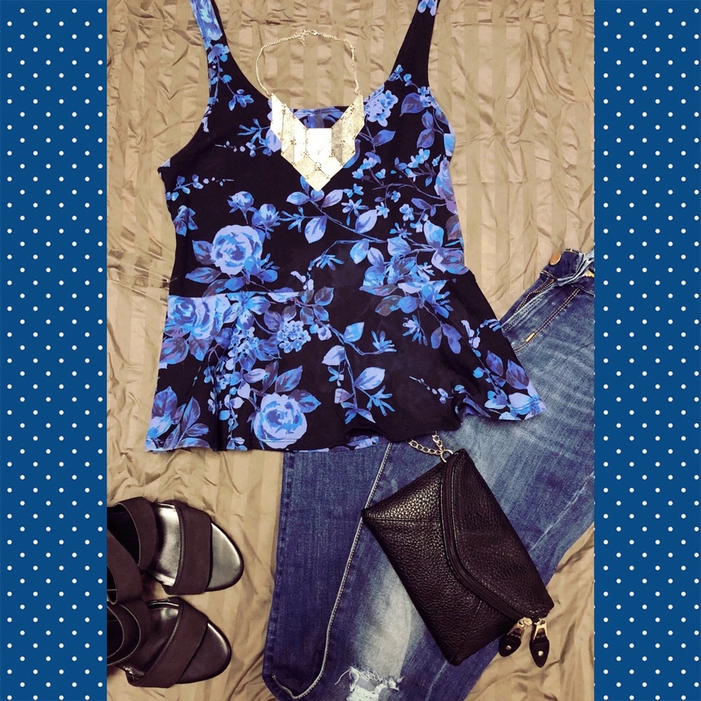 Black with blue floral design Express peplum tank