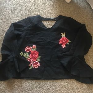 Bell sleeve top- rose embroidered
