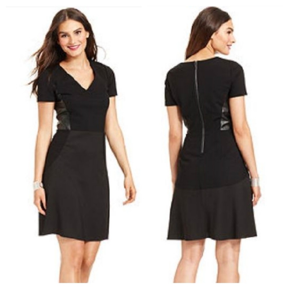 New DKNYC short sleeve leather panel black dress