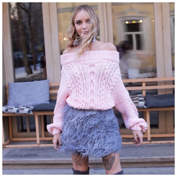 Pink Chunky Cable Knit Off The Shoulder Sweater - Picture 2 of 4