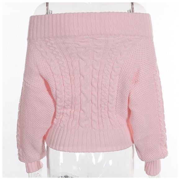 Pink Chunky Cable Knit Off The Shoulder Sweater - Picture 4 of 4