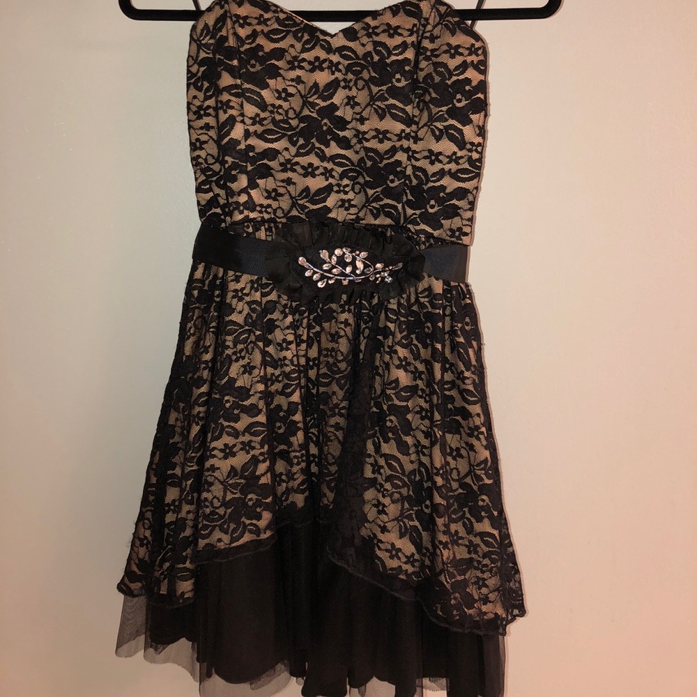 Champagne and black lace formal dress