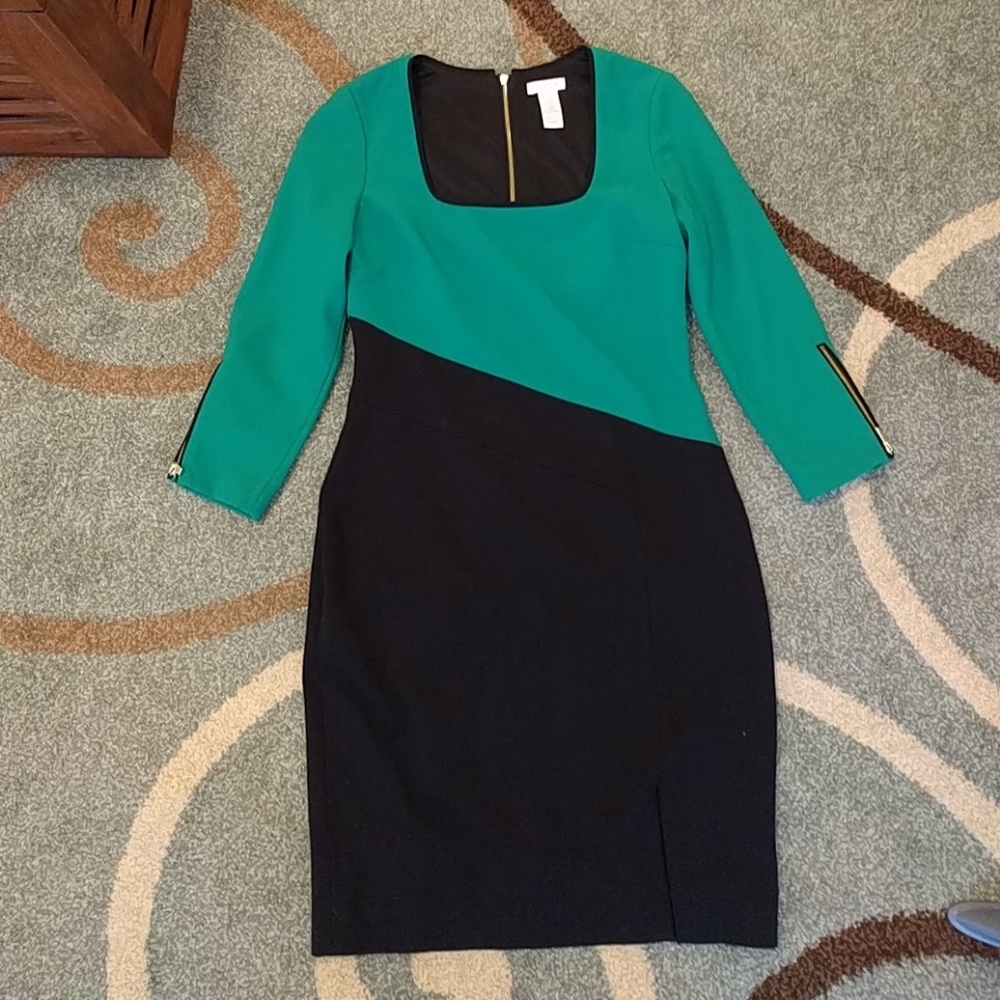 Cache Green and Black Colorblock Day Dress