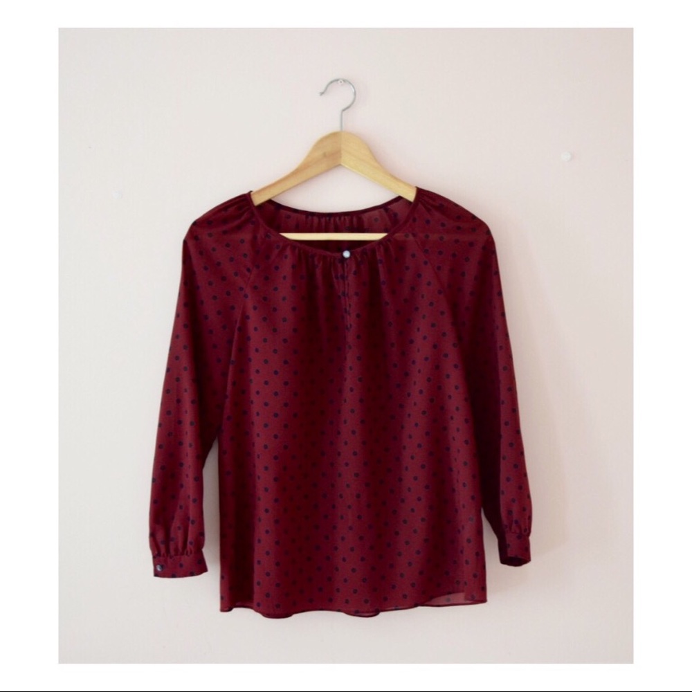 JCrew Keyhole Blouse | Crimson w/ Black Polka Dots