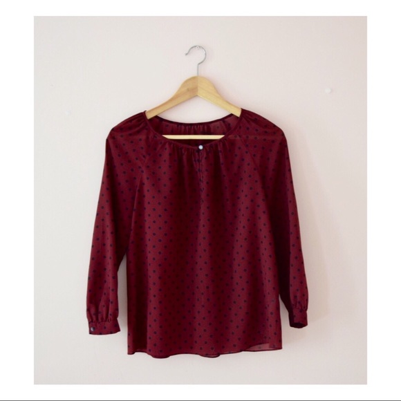 JCrew Keyhole Blouse | Crimson w/ Black Polka Dots - Picture 1 of 4
