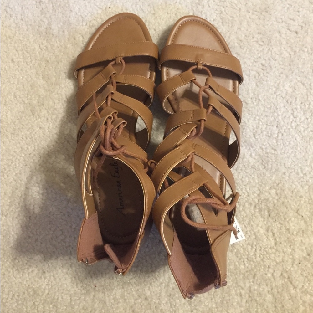 Camel brown strappy wedges - size 12