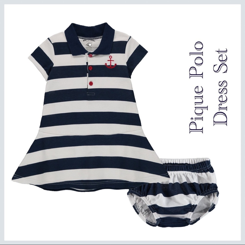 Baby Girl Pique Polo Nautical Dress Set - Navy