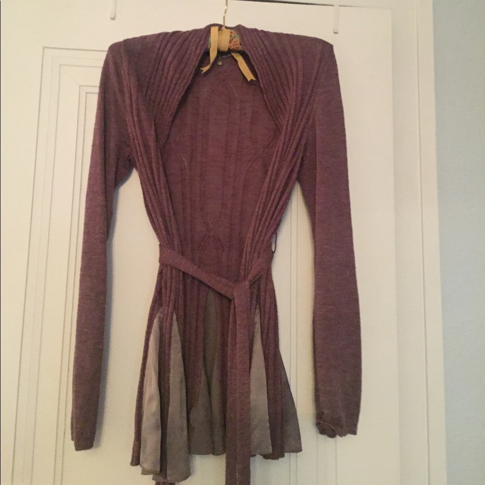 Belted Greyish purple cardigan with silk panels