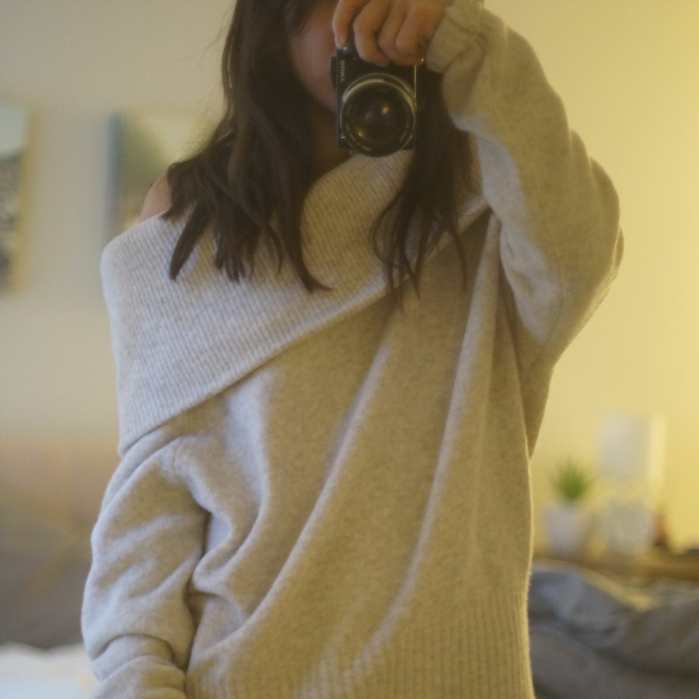 H&M Oversized Beige Sweater with Foldover Neck