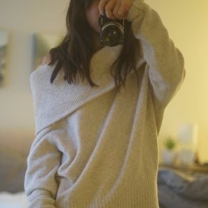 H&M Oversized Beige Sweater with Foldover Neck