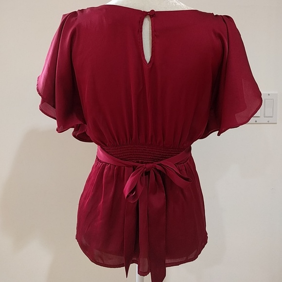 RARE - Red Shiny Flutter Sleeve Tie + Elastic Waist Top - Picture 3 of 6