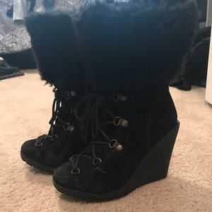 Faux Fur-Trim Lace-Up Wedges Boots