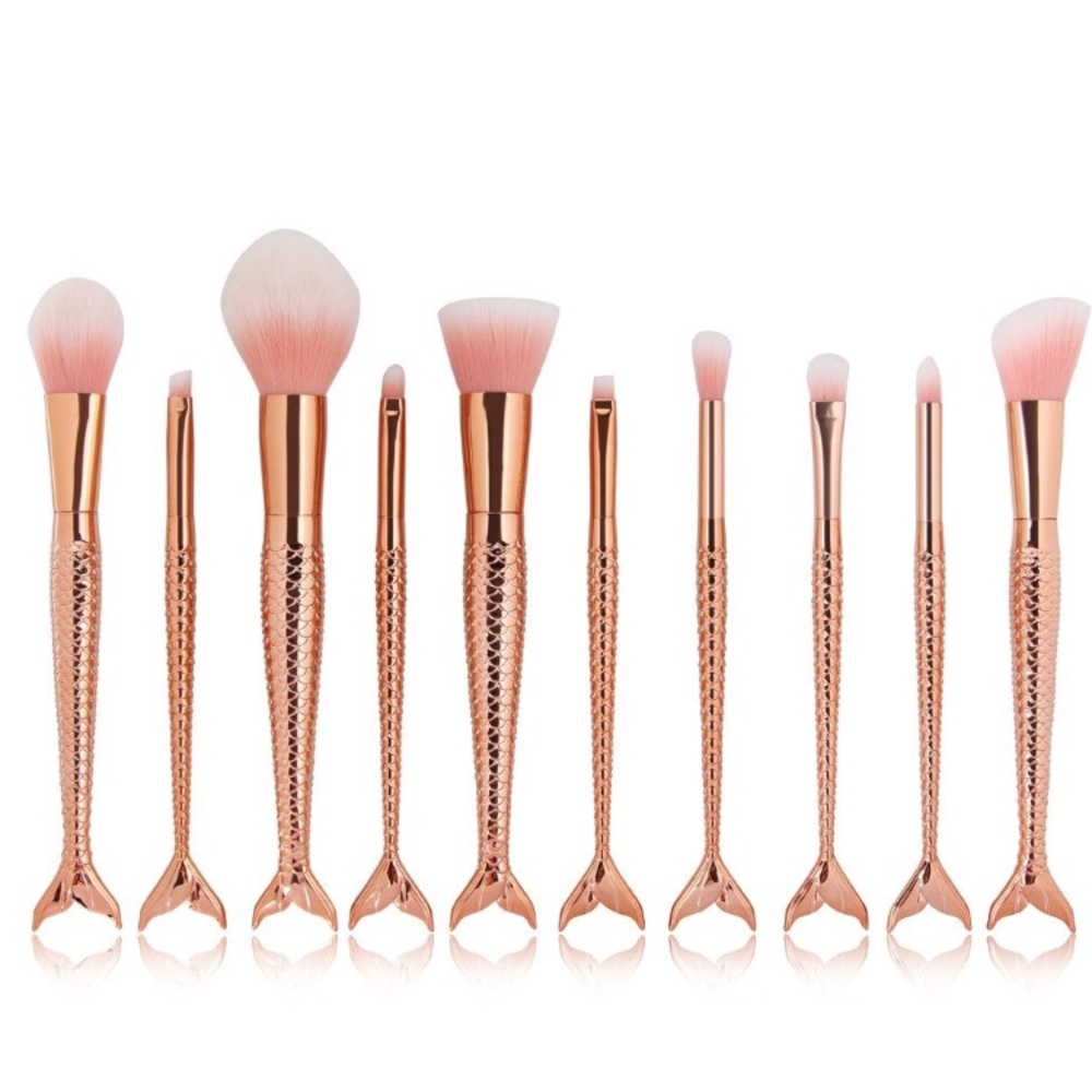 10 Piece Set Makeup Brushes Rose Gold Mermaid Tail - Picture 3 of 8
